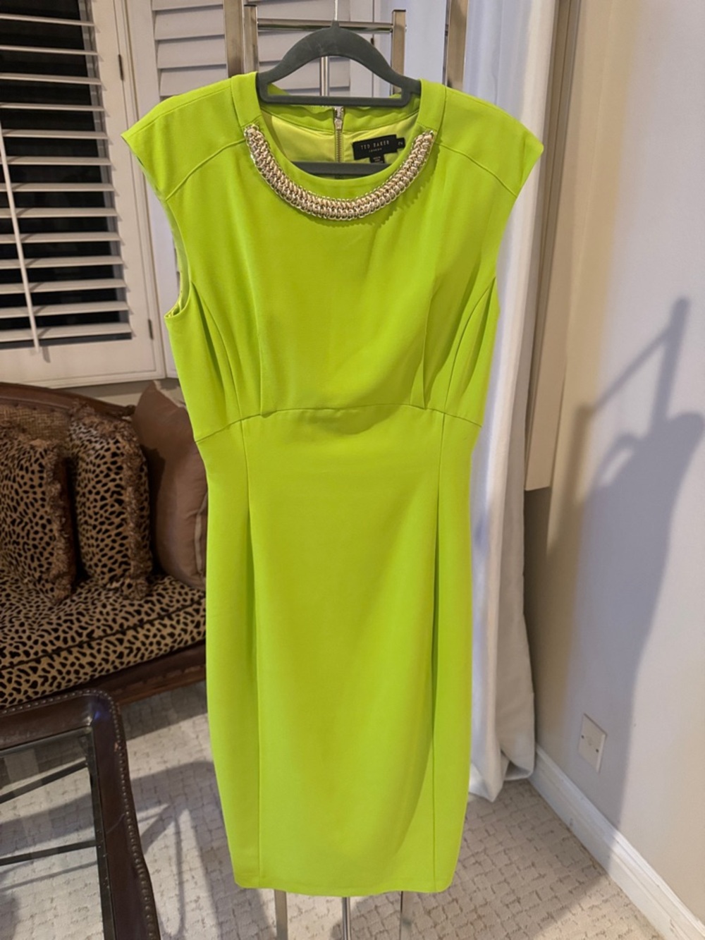 Ted Baker Neon Lime Sheath Dress with Chain Neckdetail